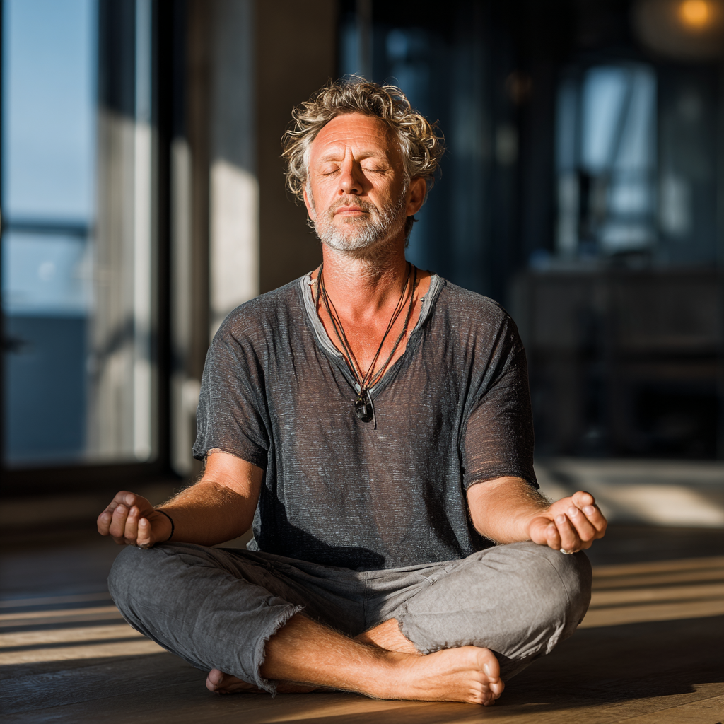 Peaceful middle-aged man in his early fifties sitting in lotus position during meditation practice in a bright yoga studio with natural light streaming through windows